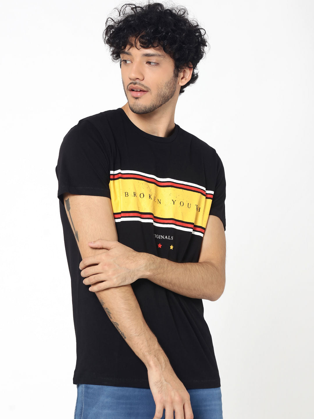 Black Text Print Crew Neck T-Shirt