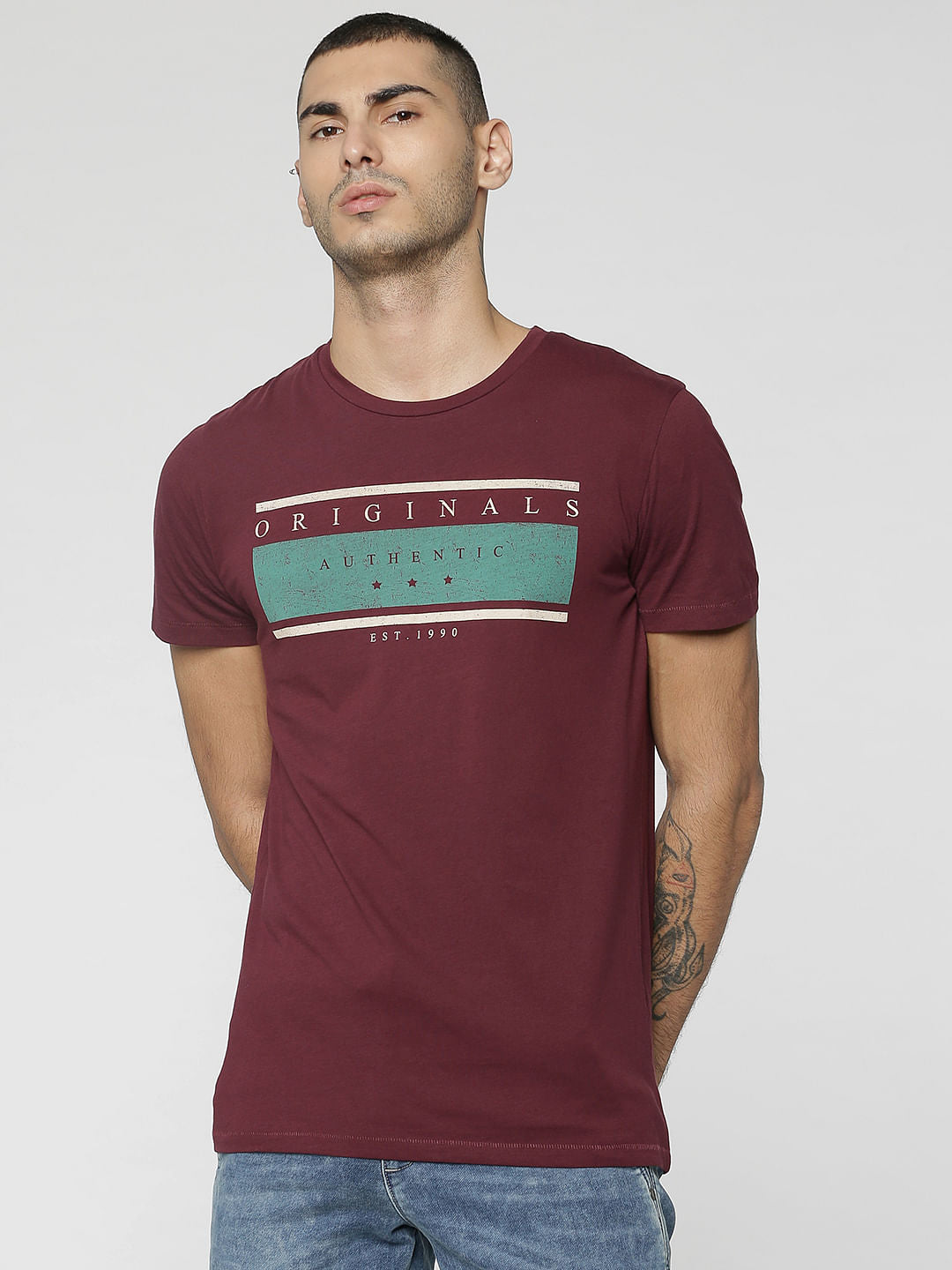 Maroon Graphic Print Crew Neck T-Shirt - S