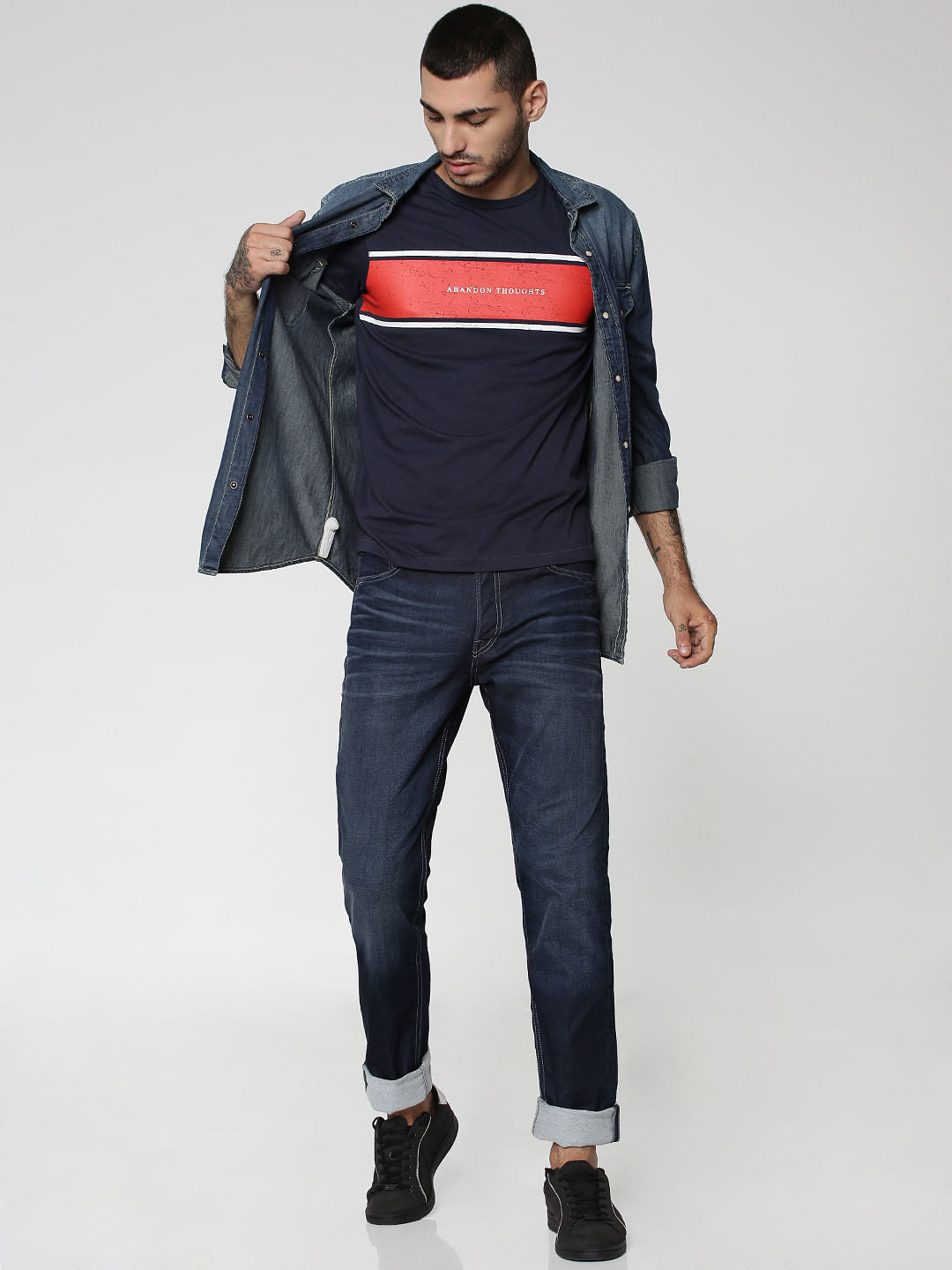 Dark Blue Colourblocked Crew Neck T-Shirt