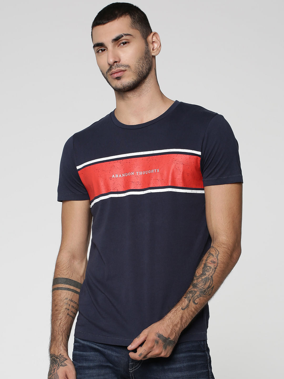 Dark Blue Colourblocked Crew Neck T-Shirt - S