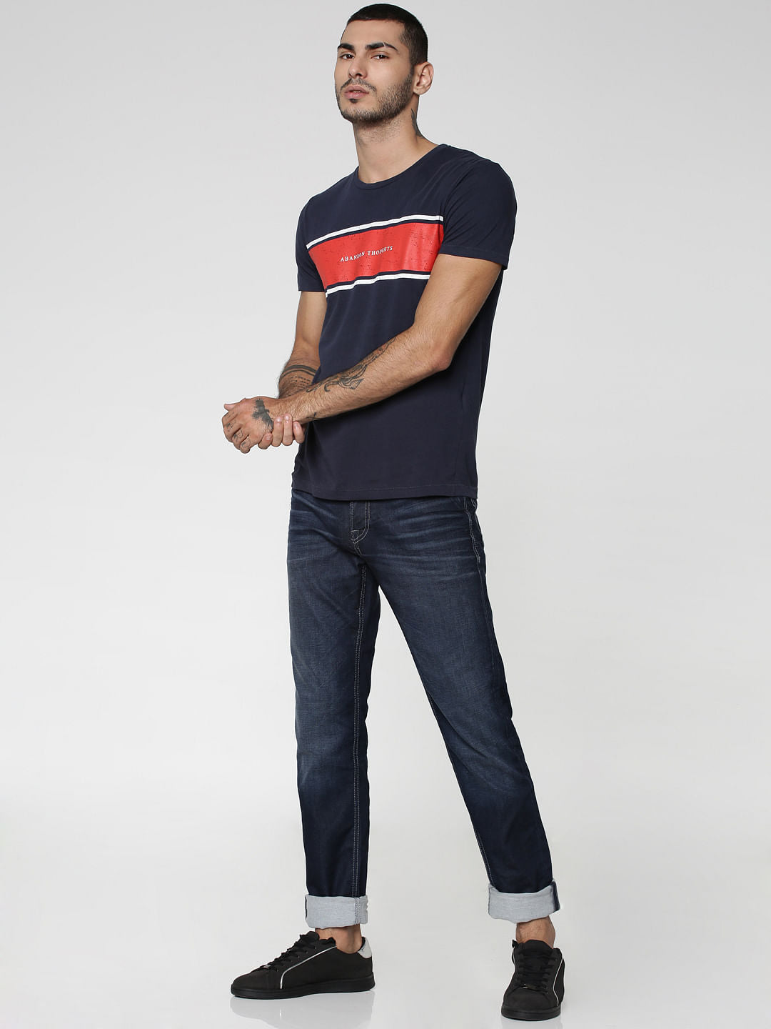 Dark Blue Colourblocked Crew Neck T-Shirt