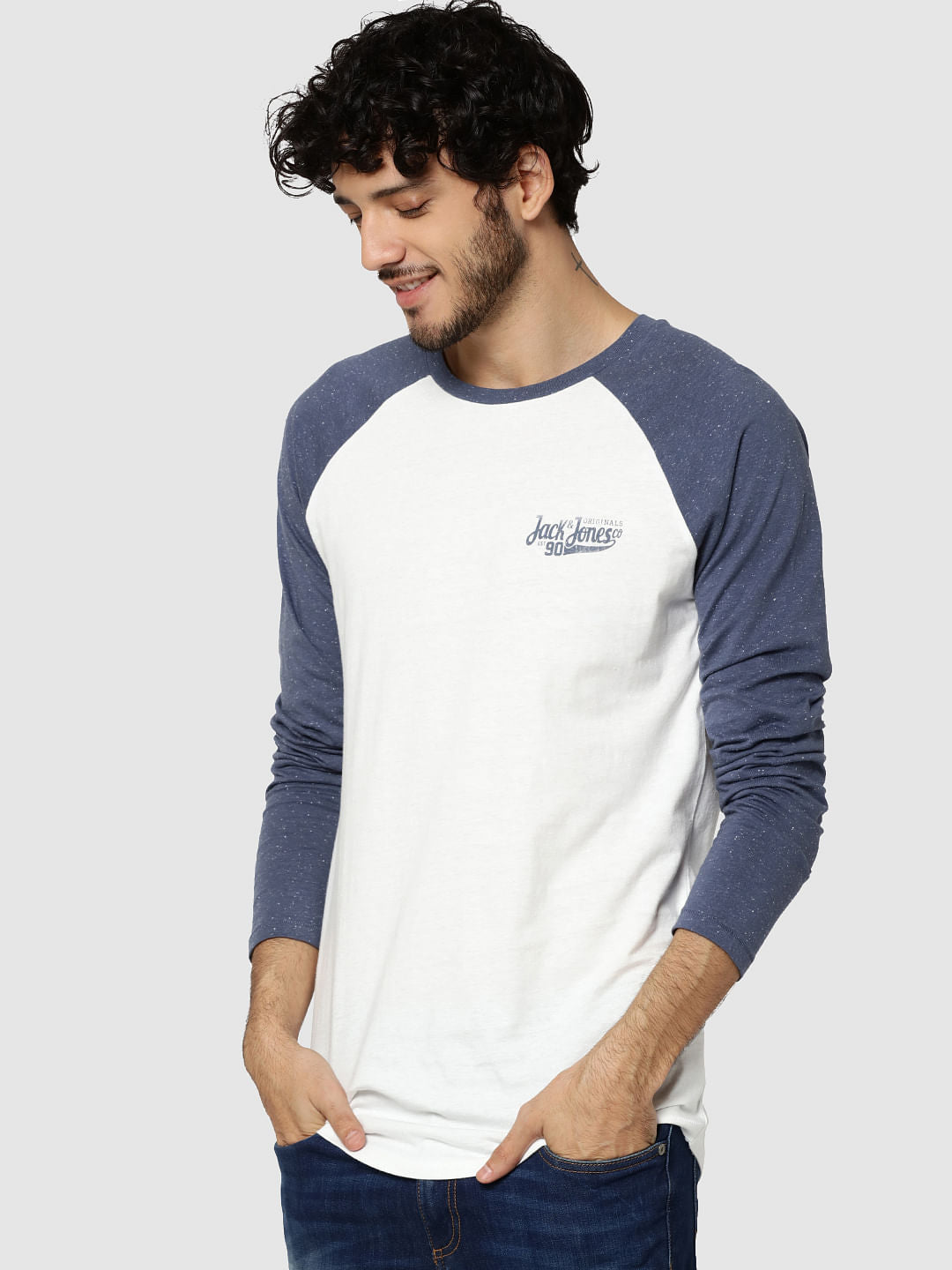 White & Blue Logo Print Full Sleeves Crew Neck T-Shirt - S