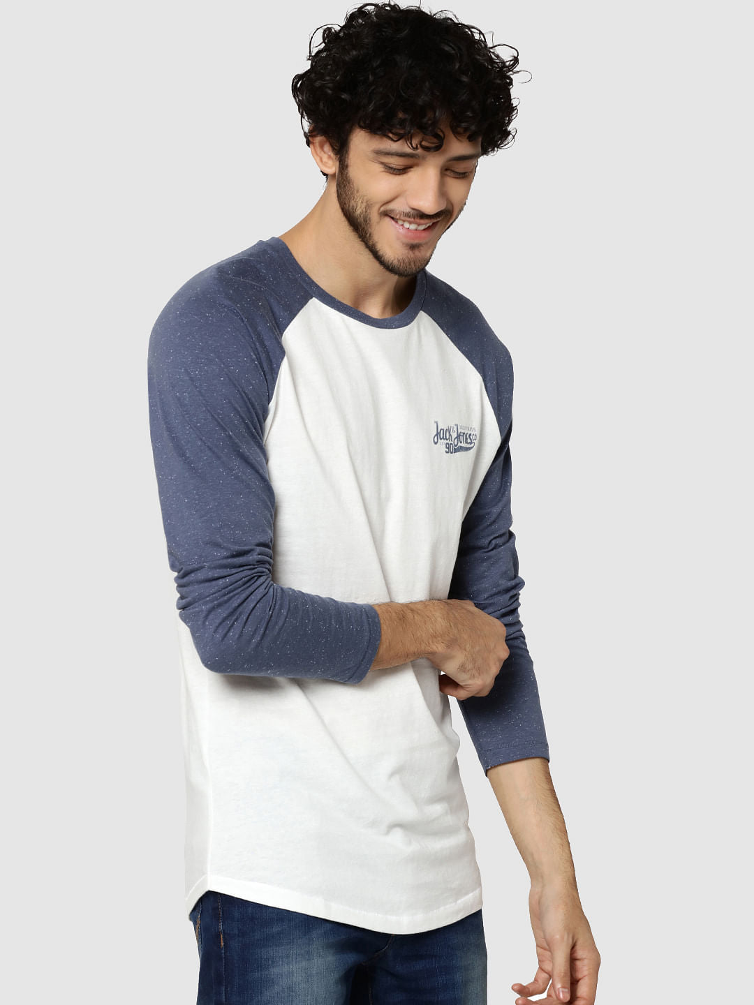 White & Blue Logo Print Full Sleeves Crew Neck T-Shirt