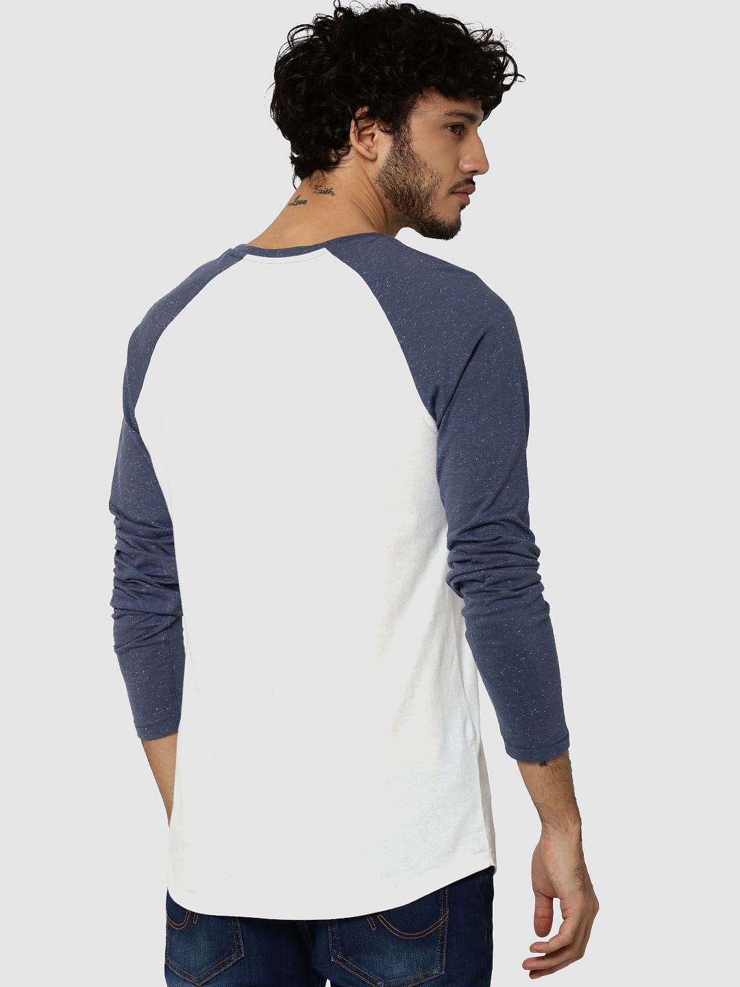 White & Blue Logo Print Full Sleeves Crew Neck T-Shirt
