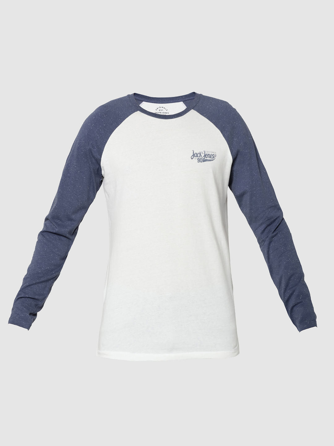 White & Blue Logo Print Full Sleeves Crew Neck T-Shirt