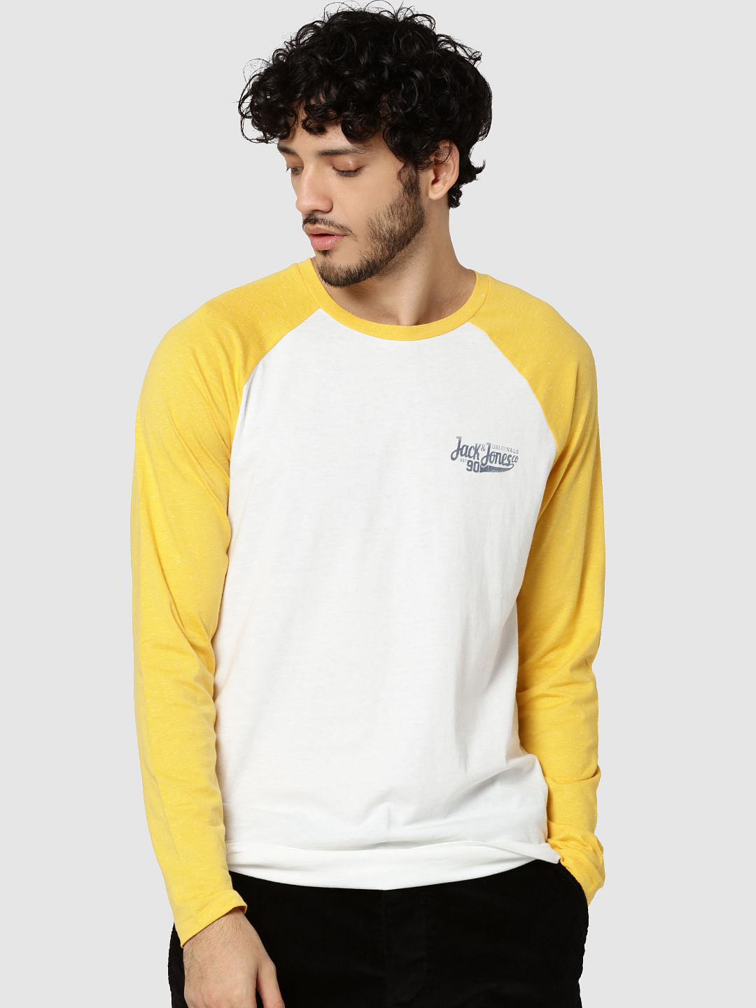 White & Yellow Logo Print Full Sleeves Crew Neck T-Shirt - S