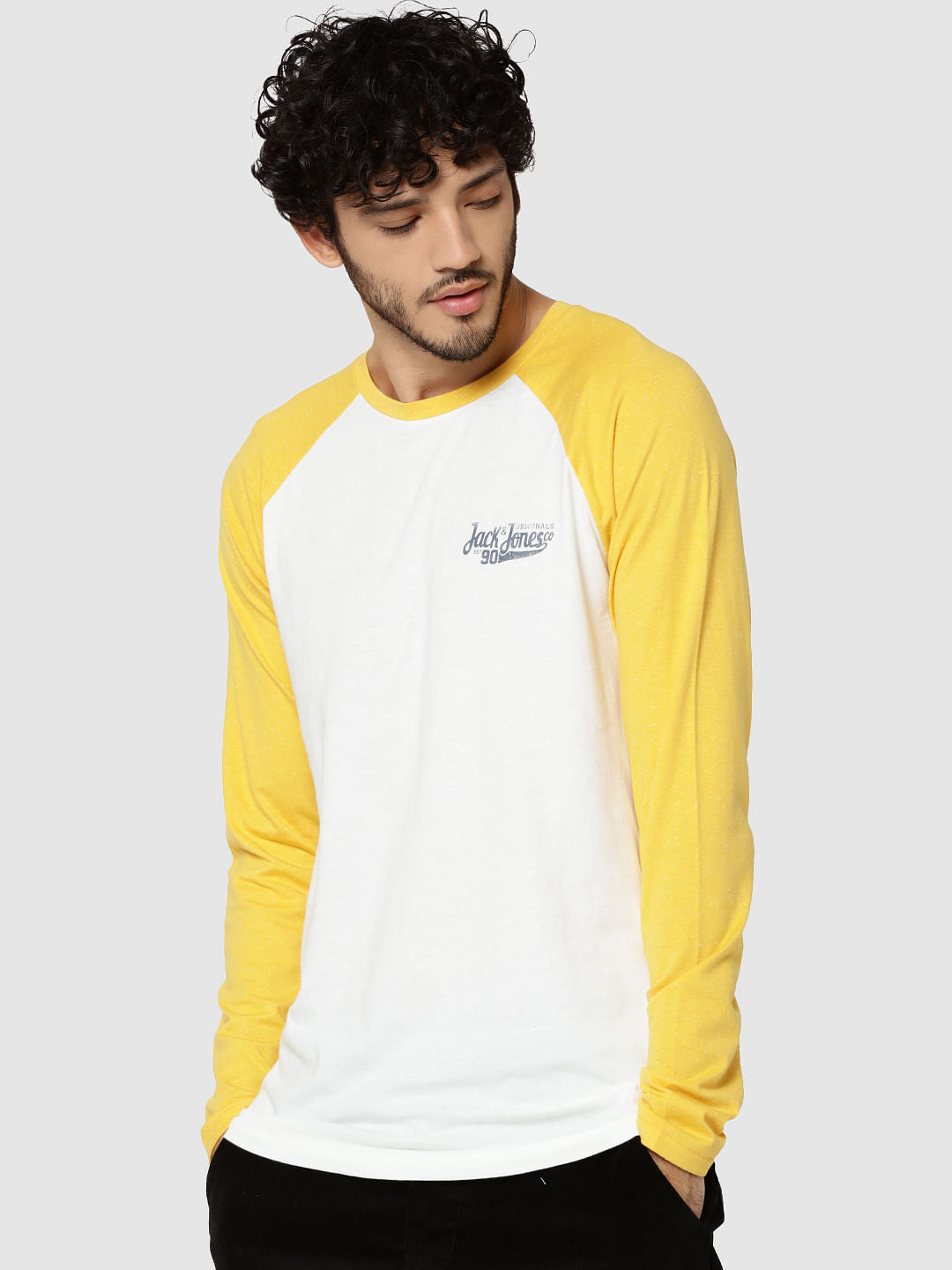 White & Yellow Logo Print Full Sleeves Crew Neck T-Shirt