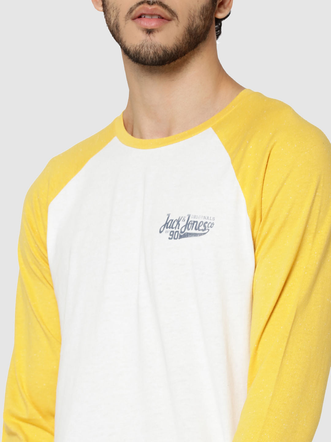 White & Yellow Logo Print Full Sleeves Crew Neck T-Shirt