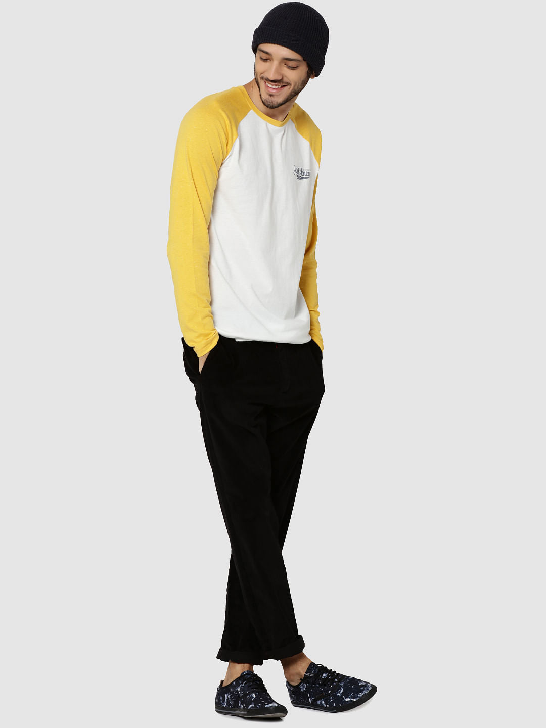 White & Yellow Logo Print Full Sleeves Crew Neck T-Shirt