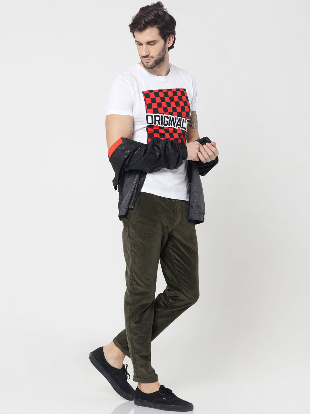 White Checkerboard Print Crew Neck T-Shirt