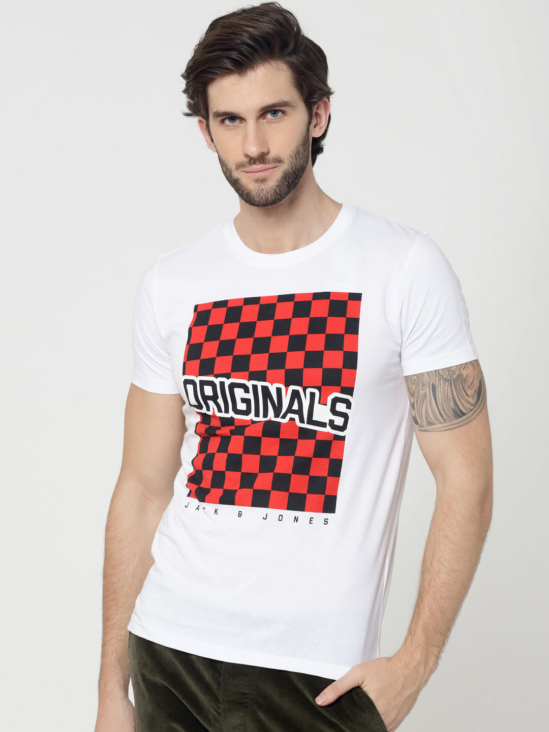 White Checkerboard Print Crew Neck T-Shirt - S