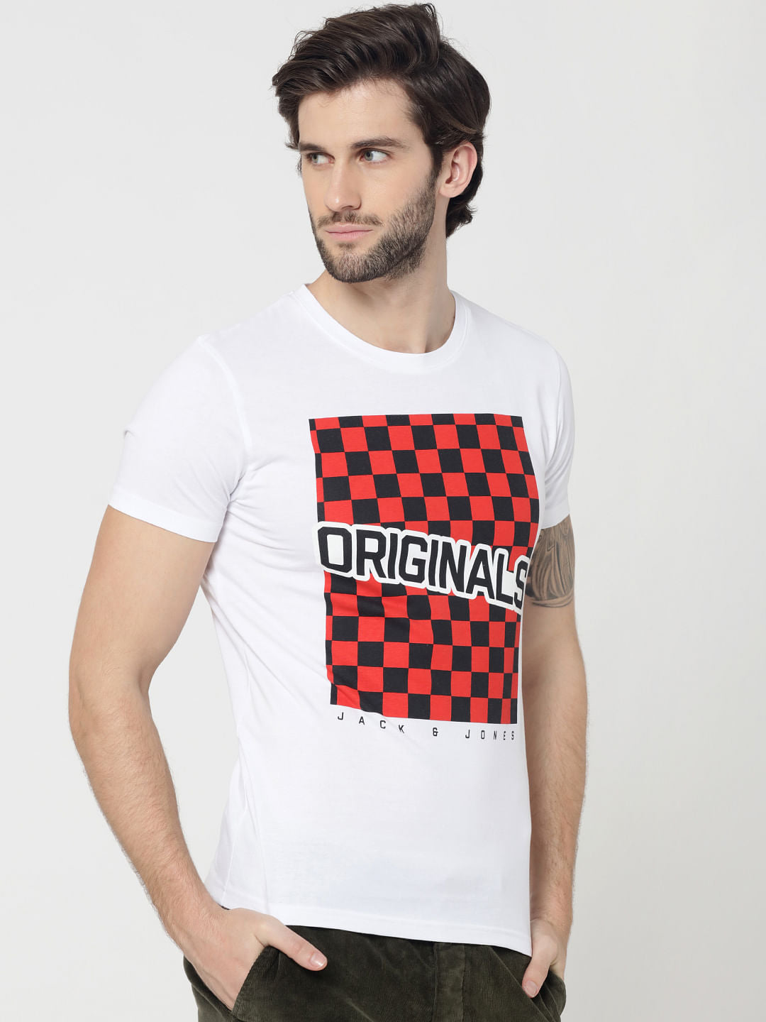 White Checkerboard Print Crew Neck T-Shirt