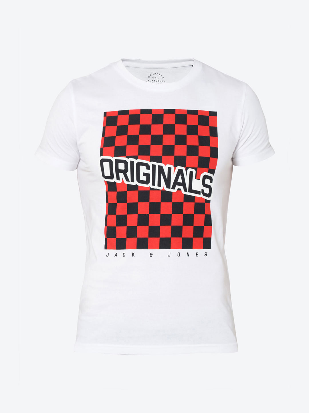 White Checkerboard Print Crew Neck T-Shirt