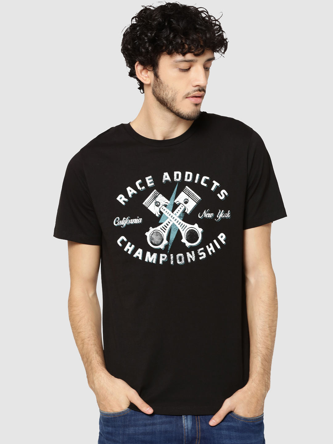 Black Graphic Print Crew Neck T-Shirt - S