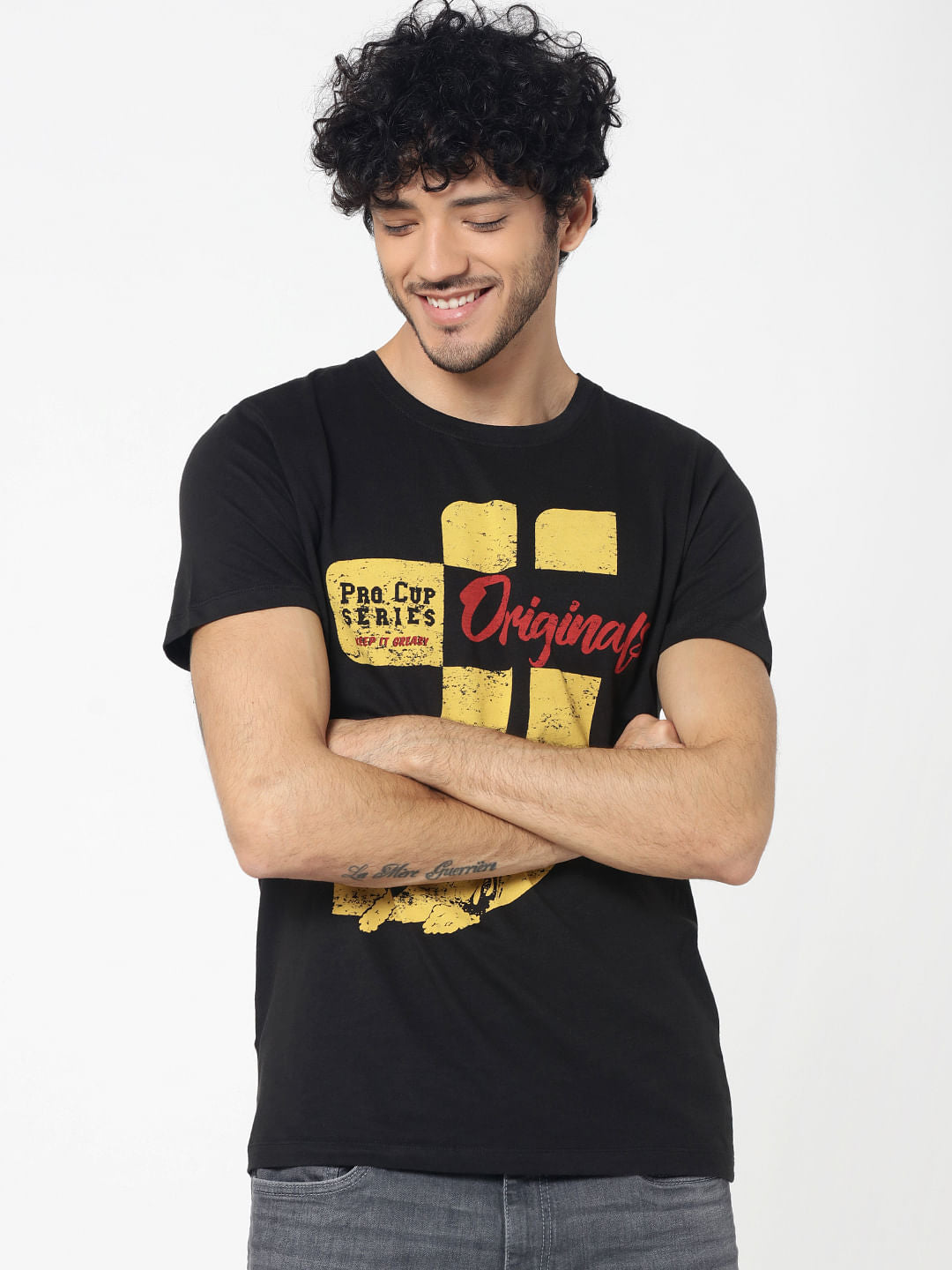 Black Graphic Print Crew Neck T-Shirt - S