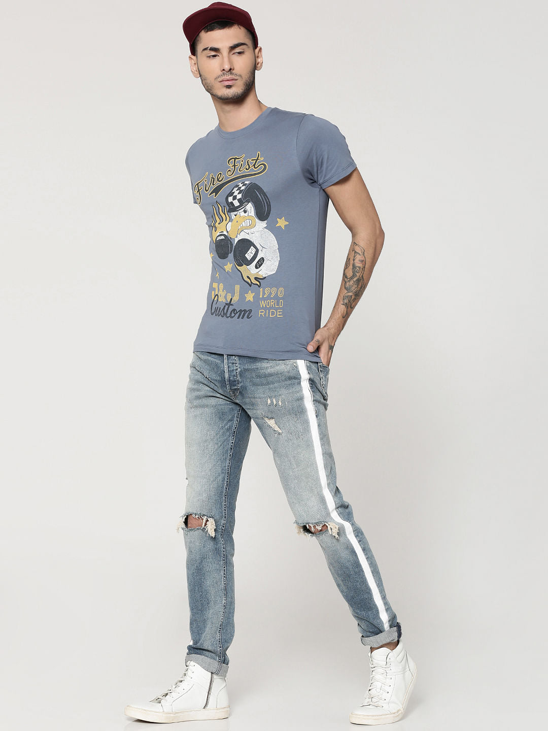 Grey Character Print Crew Neck T-Shirt
