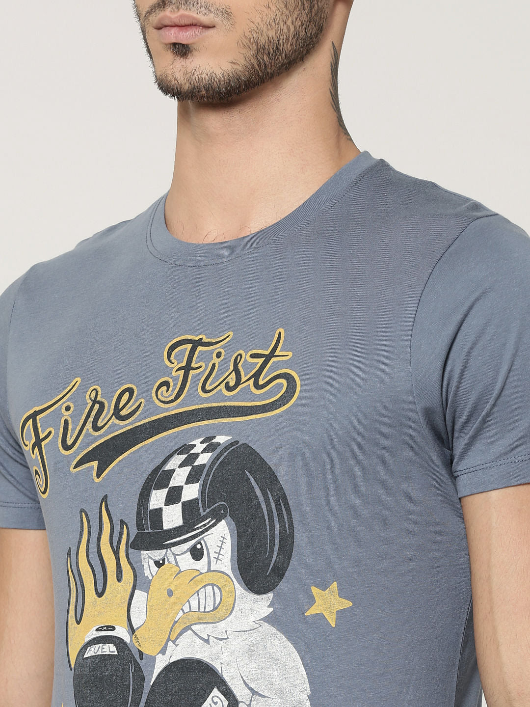 Grey Character Print Crew Neck T-Shirt