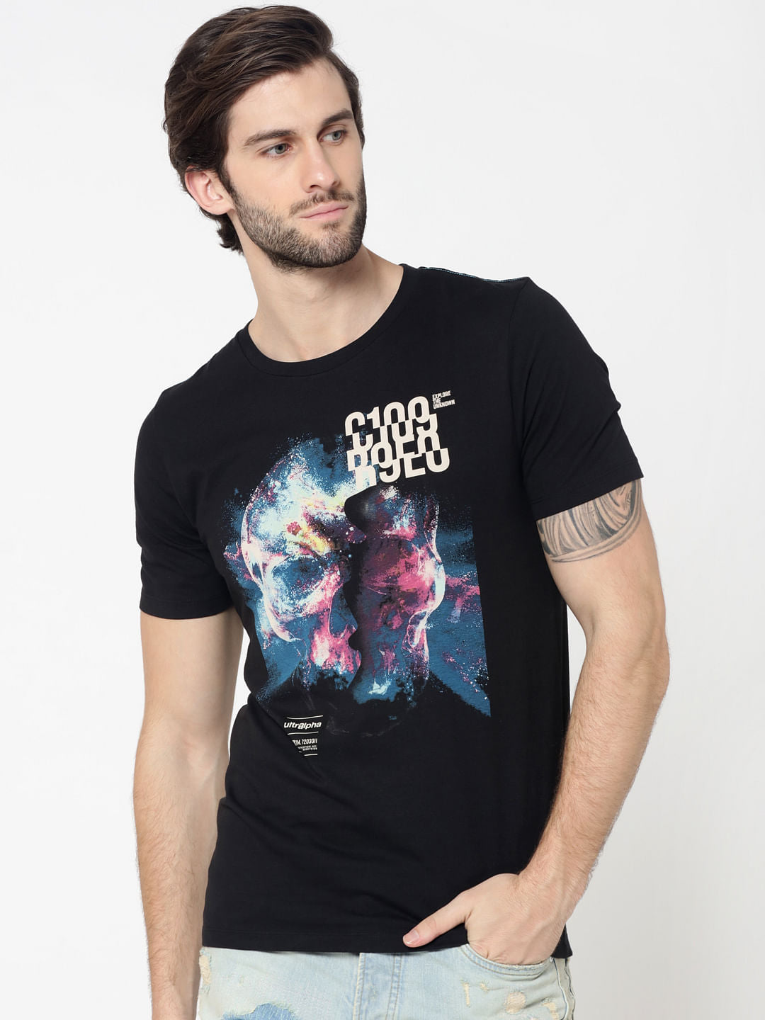 Black Skull Graphic Print Crew Neck T-Shirt - S
