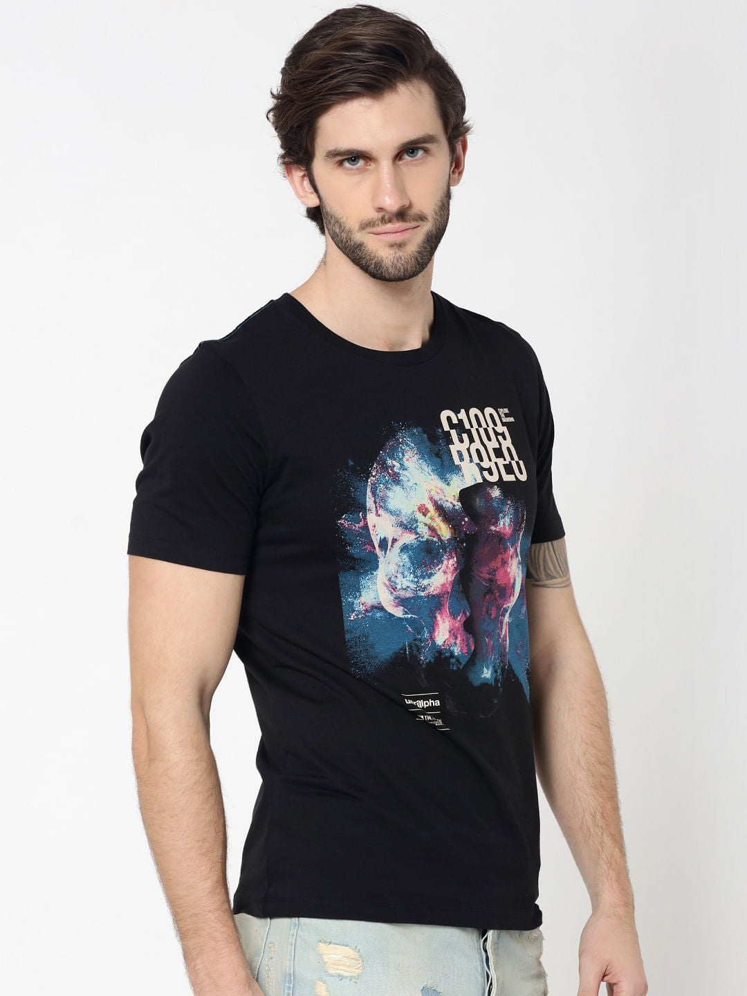 Black Skull Graphic Print Crew Neck T-Shirt