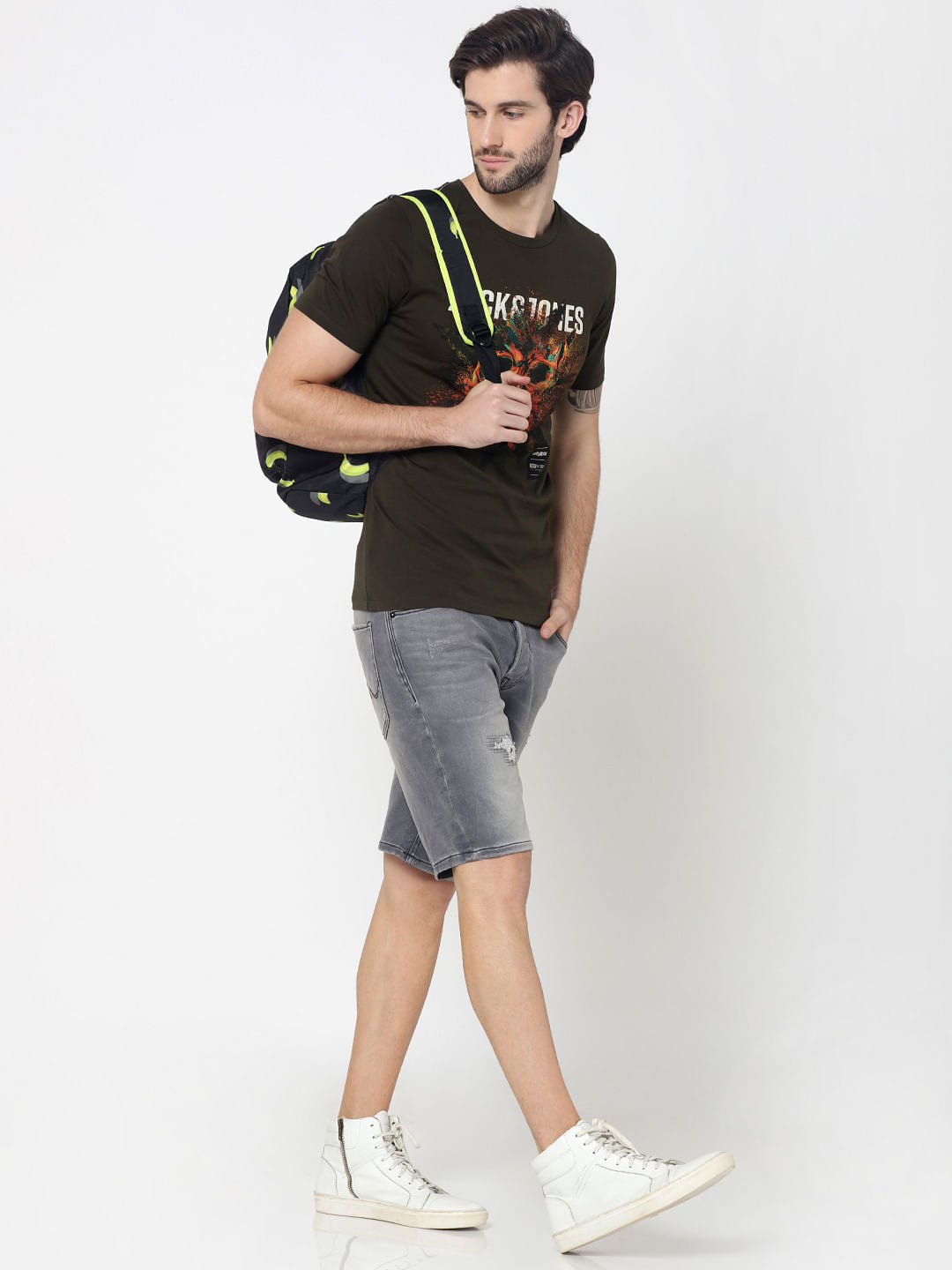 Olive Green Skull Graphic Print Crew Neck T-Shirt