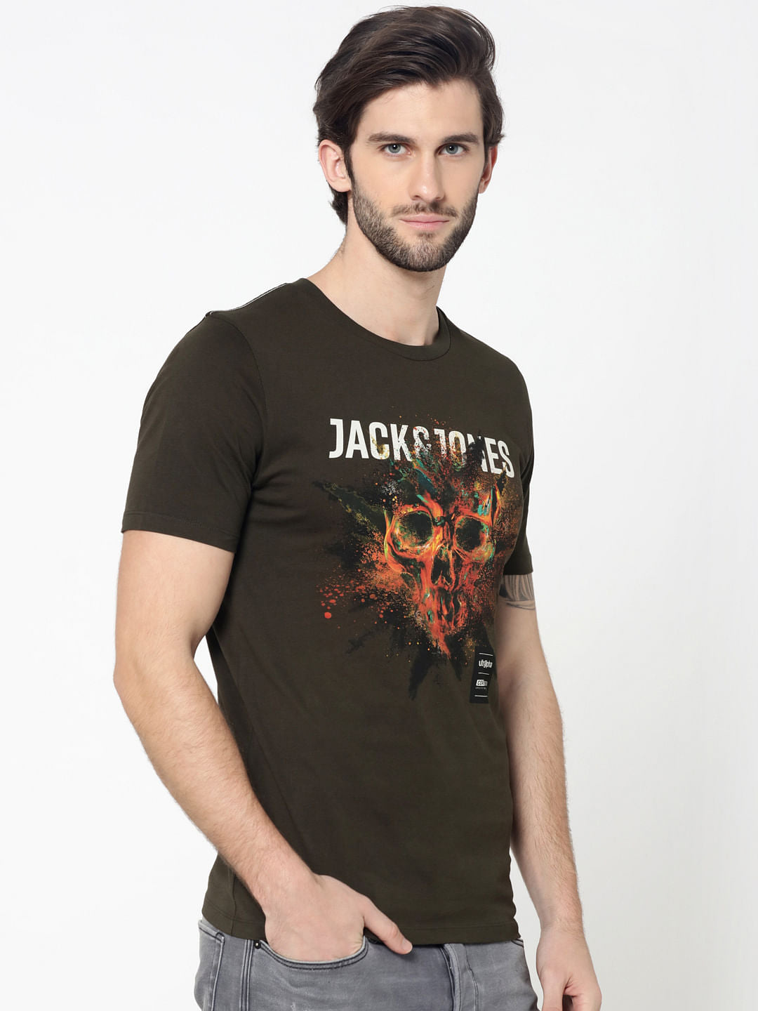Olive Green Skull Graphic Print Crew Neck T-Shirt
