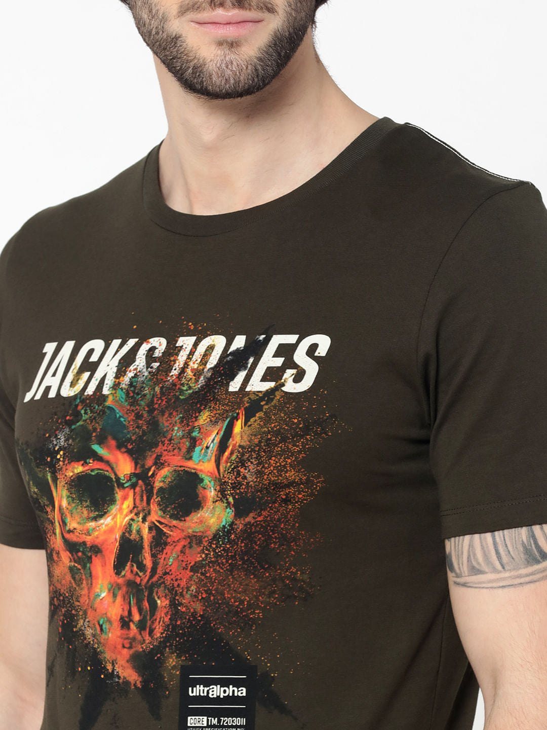Olive Green Skull Graphic Print Crew Neck T-Shirt
