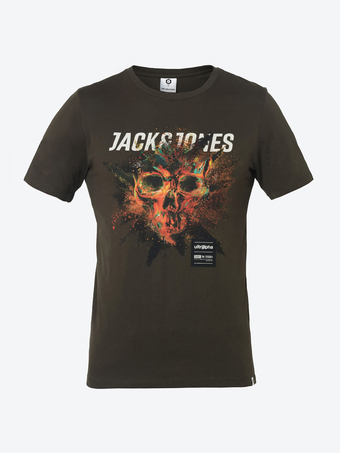 Olive Green Skull Graphic Print Crew Neck T-Shirt