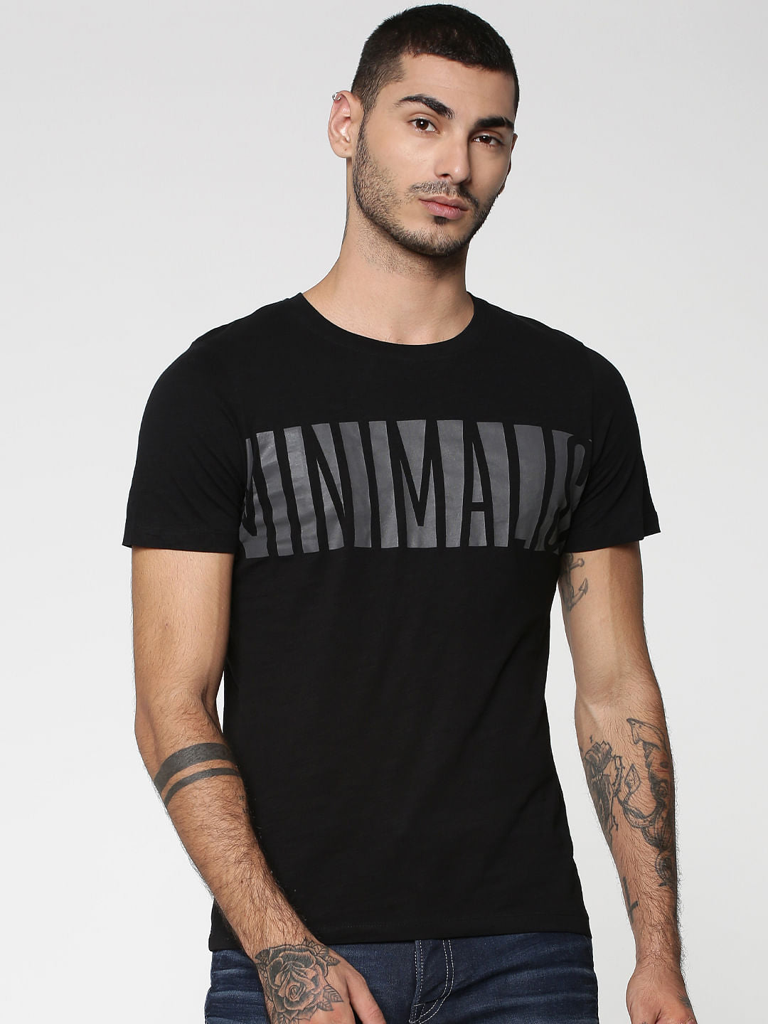 Black Text Print Crew Neck T-Shirt - S