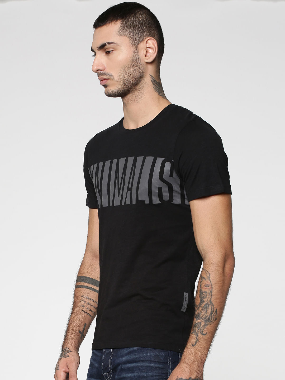 Black Text Print Crew Neck T-Shirt