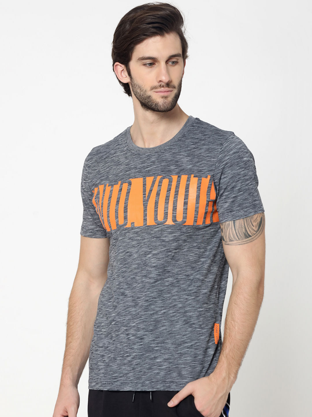 Grey Colourblocked Typography Print Crew Neck T-Shirt - S