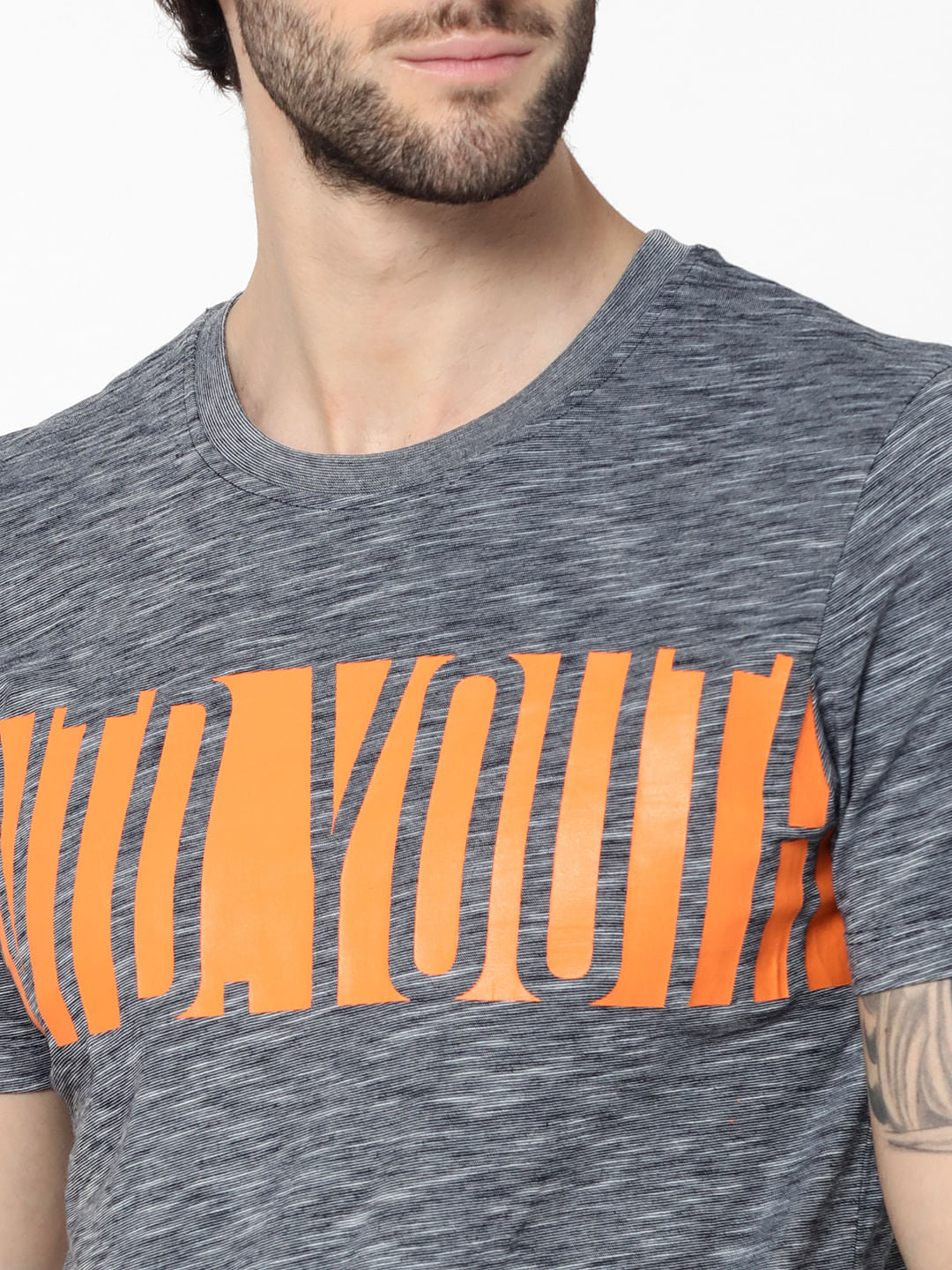 Grey Colourblocked Typography Print Crew Neck T-Shirt