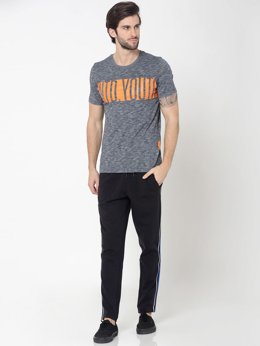 Grey Colourblocked Typography Print Crew Neck T-Shirt