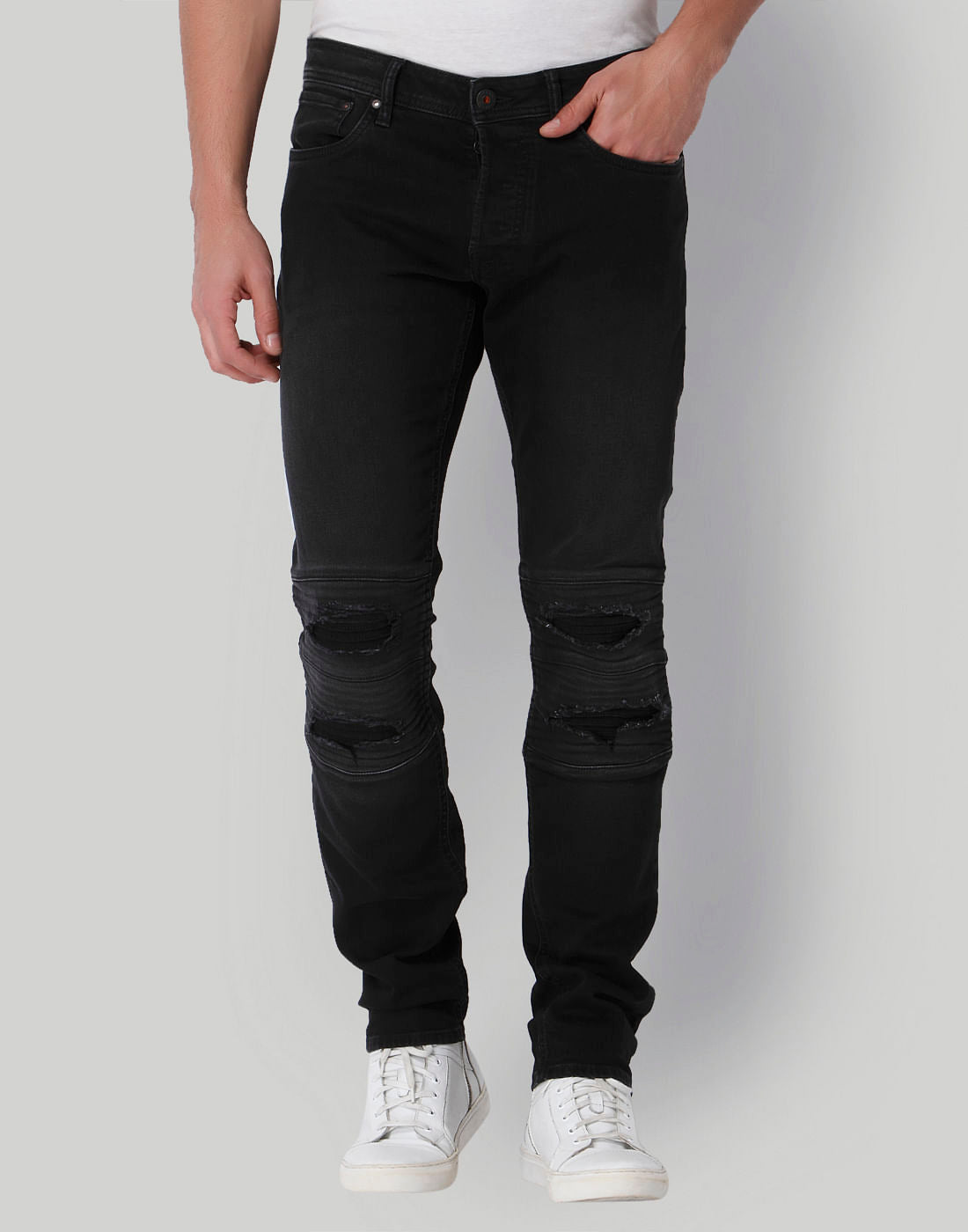 Black Distressed Low Rise Slim Fit Jeans - 28/32