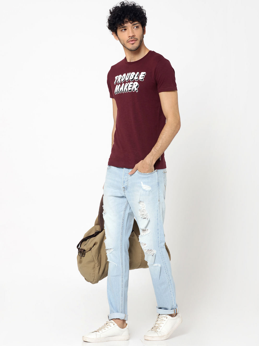 Maroon Text Print Crew Neck T-Shirt