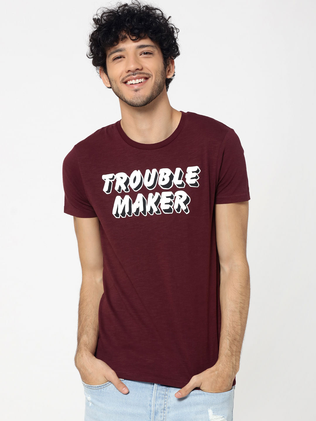 Maroon Text Print Crew Neck T-Shirt - S