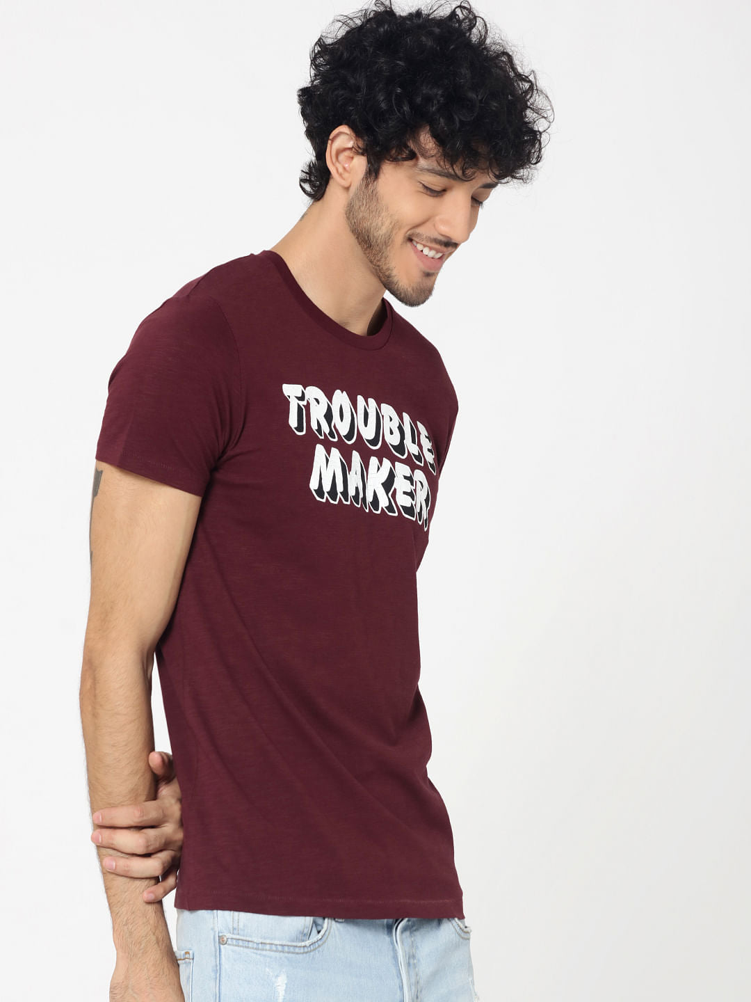 Maroon Text Print Crew Neck T-Shirt