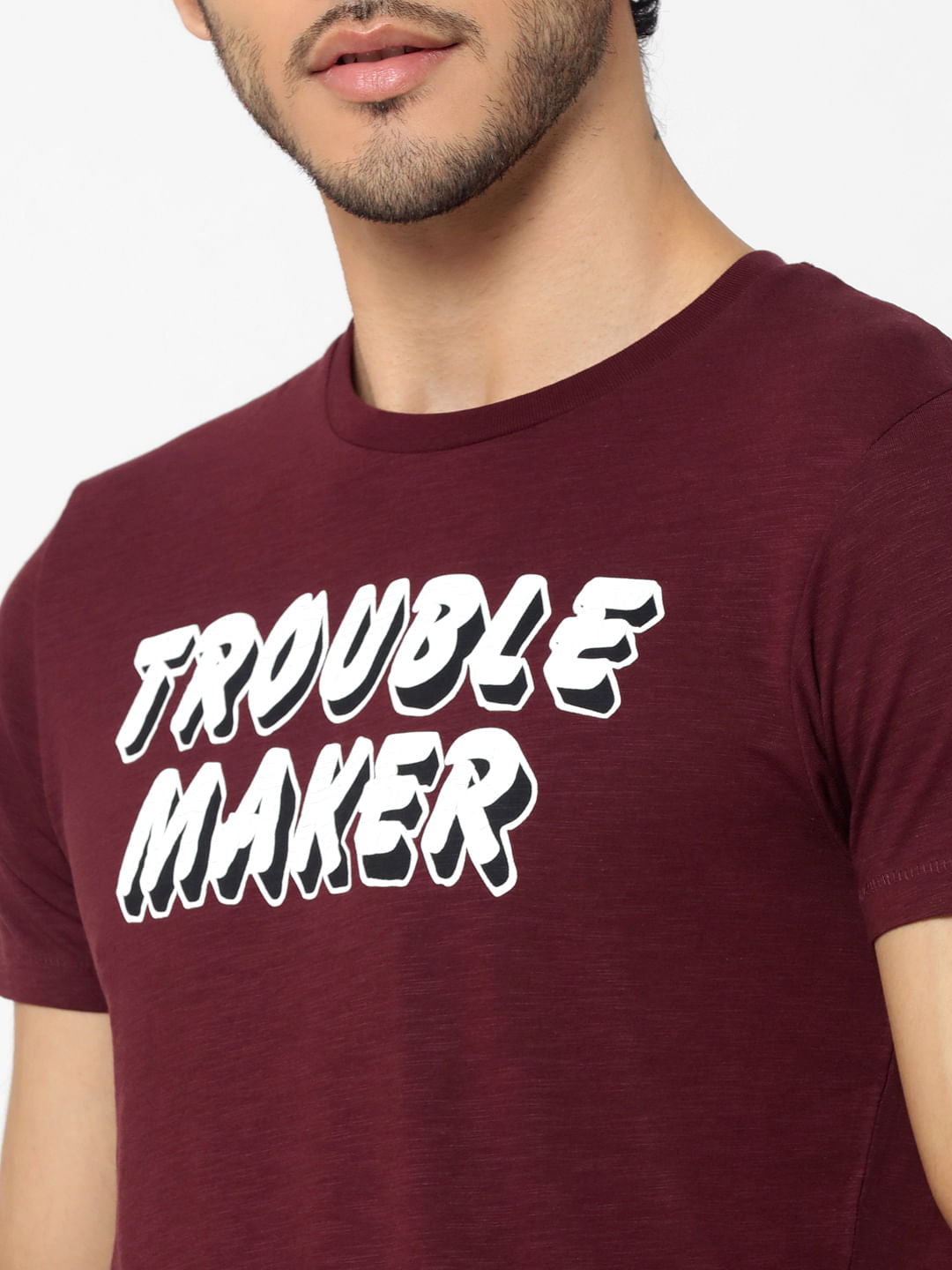 Maroon Text Print Crew Neck T-Shirt