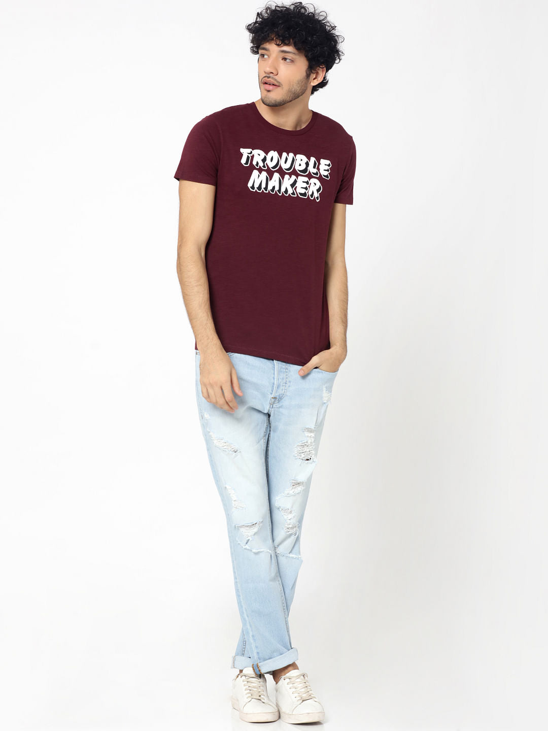 Maroon Text Print Crew Neck T-Shirt