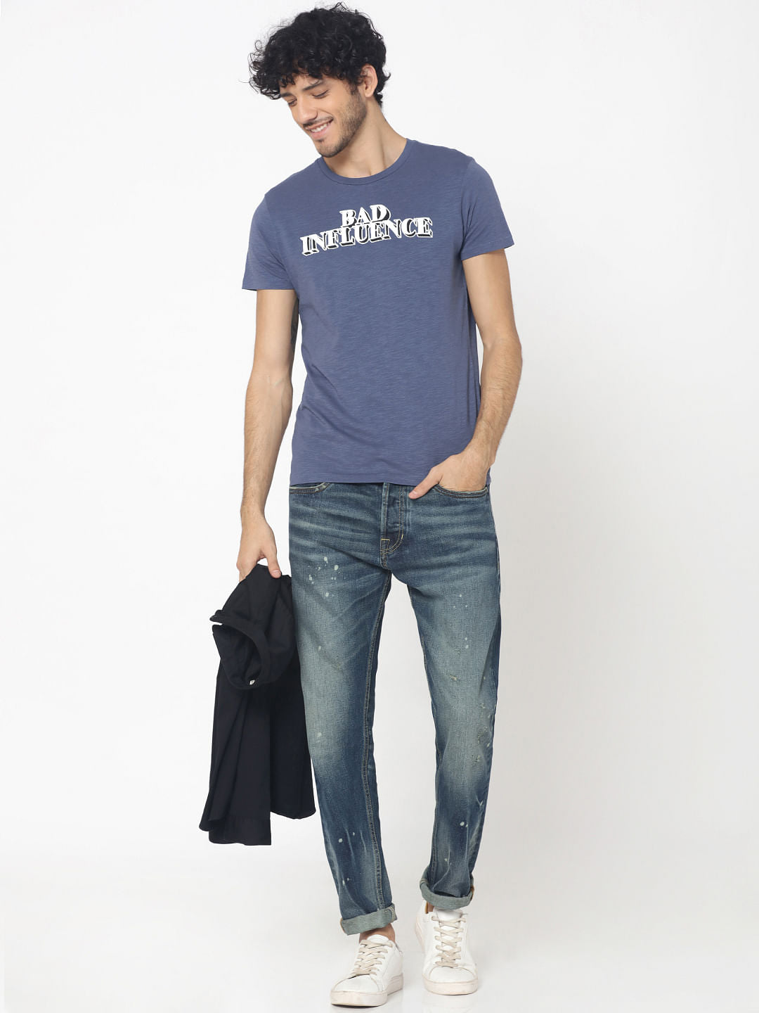 Blue Text Print Crew Neck T-Shirt