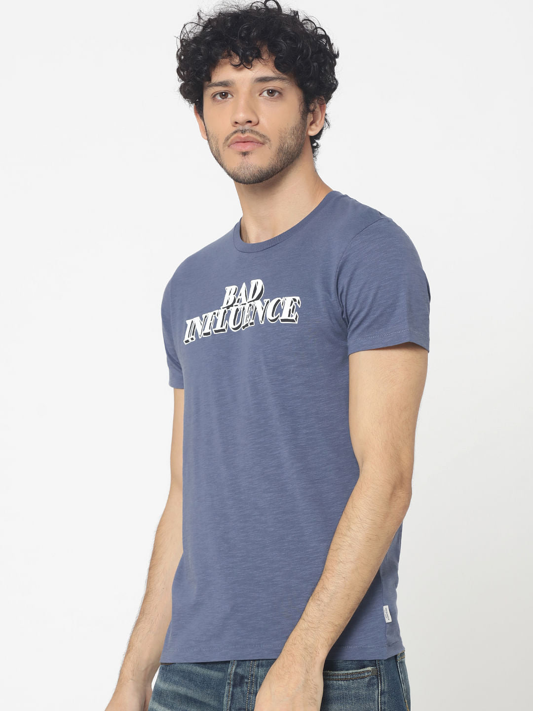 Blue Text Print Crew Neck T-Shirt