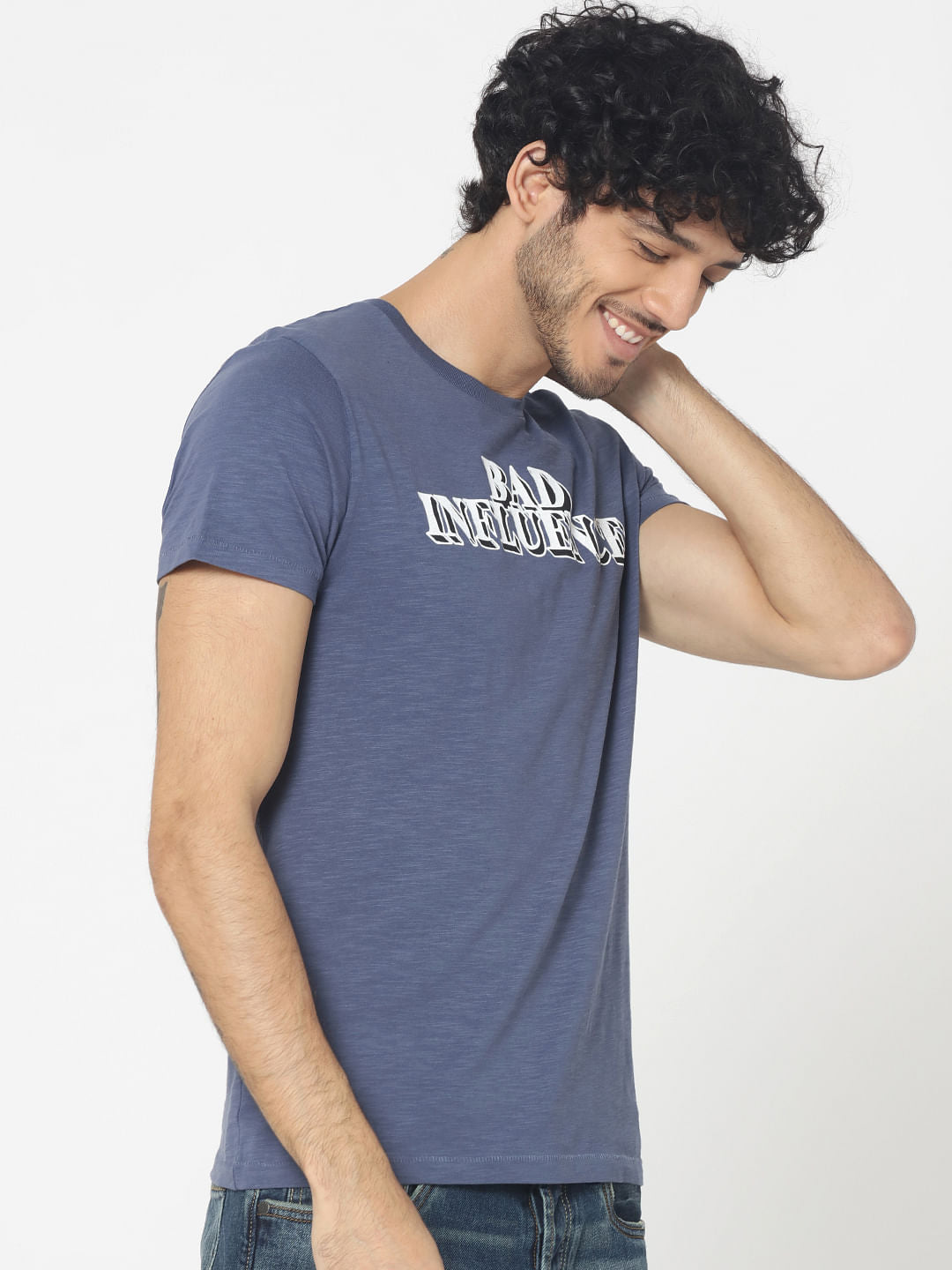 Blue Text Print Crew Neck T-Shirt