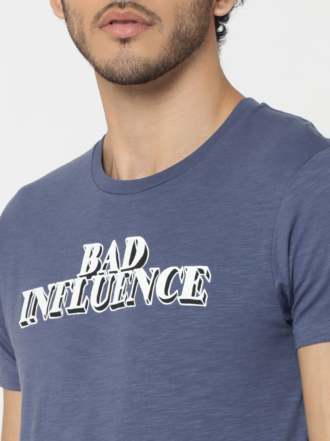 Blue Text Print Crew Neck T-Shirt