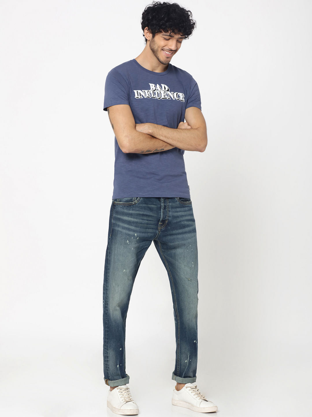 Blue Text Print Crew Neck T-Shirt