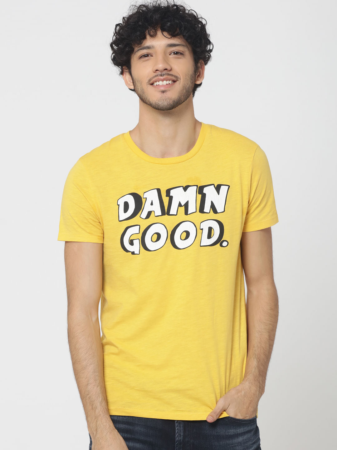 Yellow Text Print Crew Neck T-Shirt - S