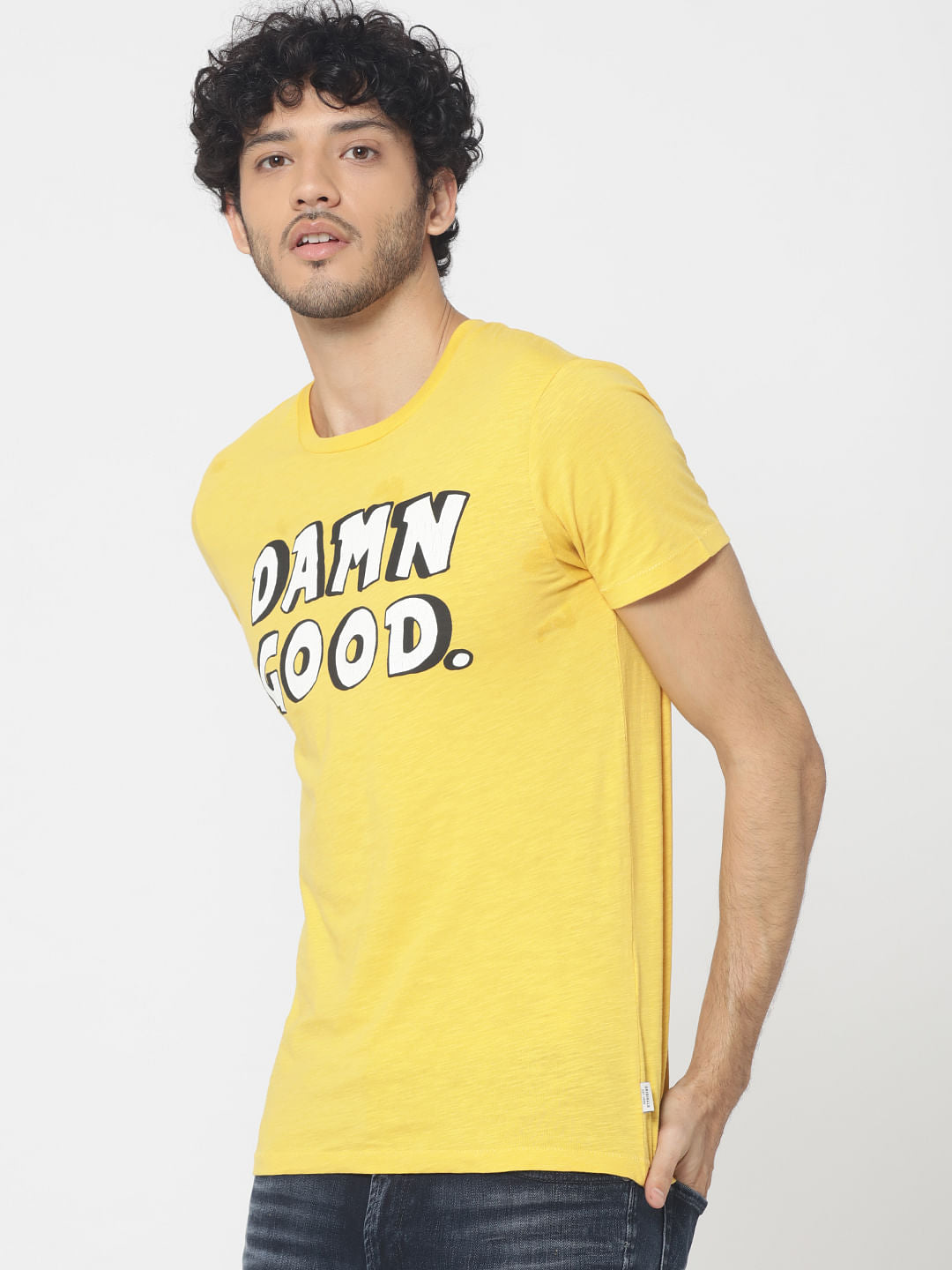 Yellow Text Print Crew Neck T-Shirt