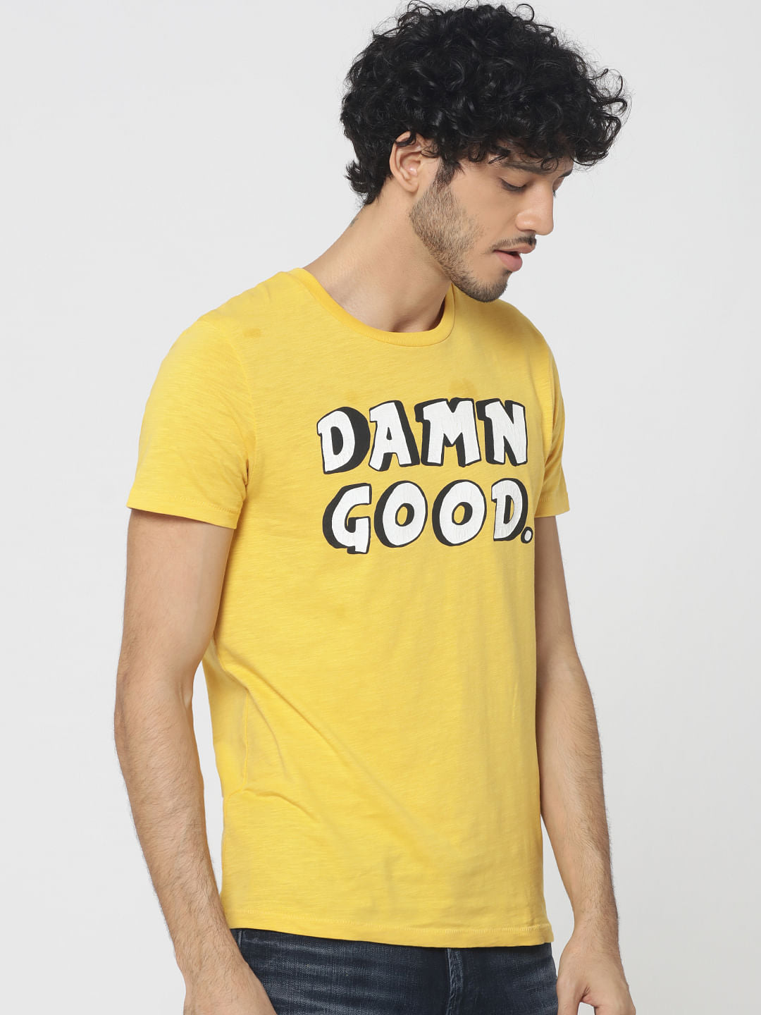 Yellow Text Print Crew Neck T-Shirt
