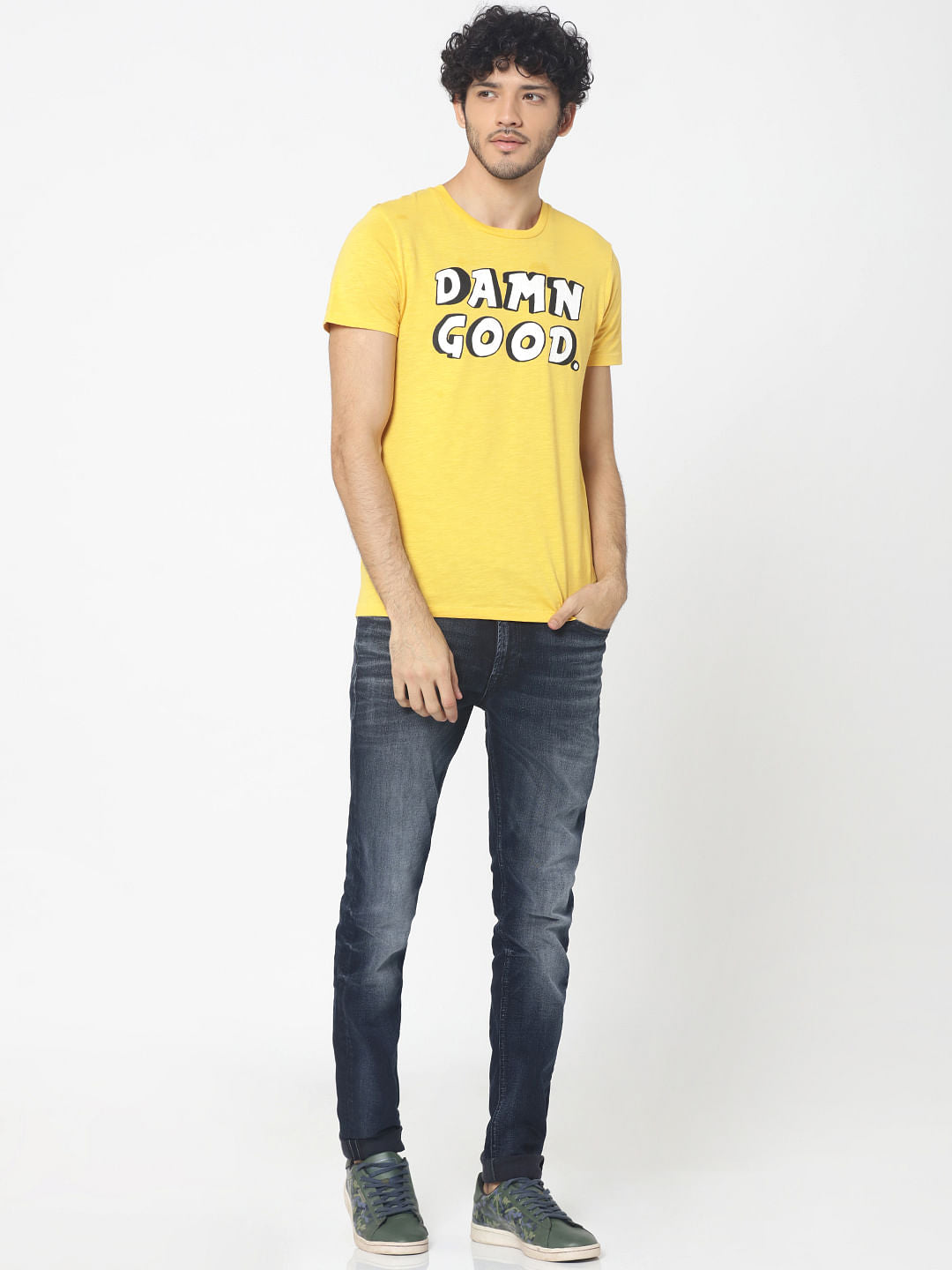 Yellow Text Print Crew Neck T-Shirt