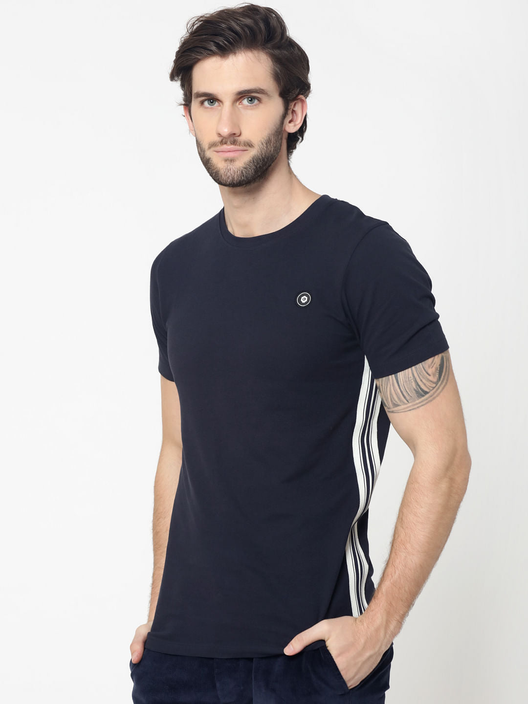 Dark Blue Tape Detail Crew Neck T-Shirt