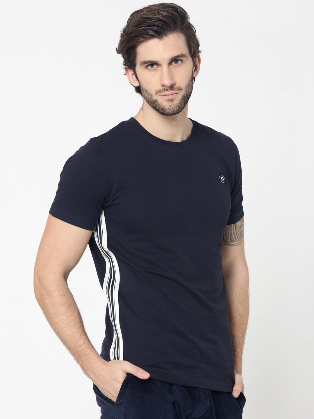 Dark Blue Tape Detail Crew Neck T-Shirt