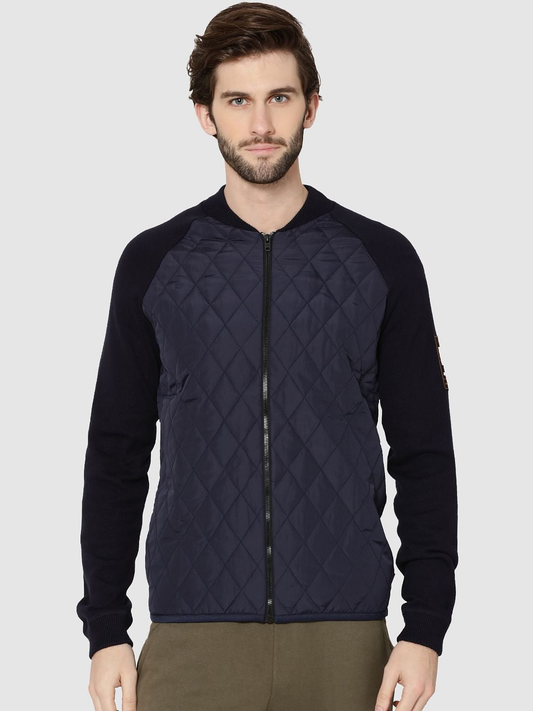 Dark Blue Quilted Bomber Cardigan - S